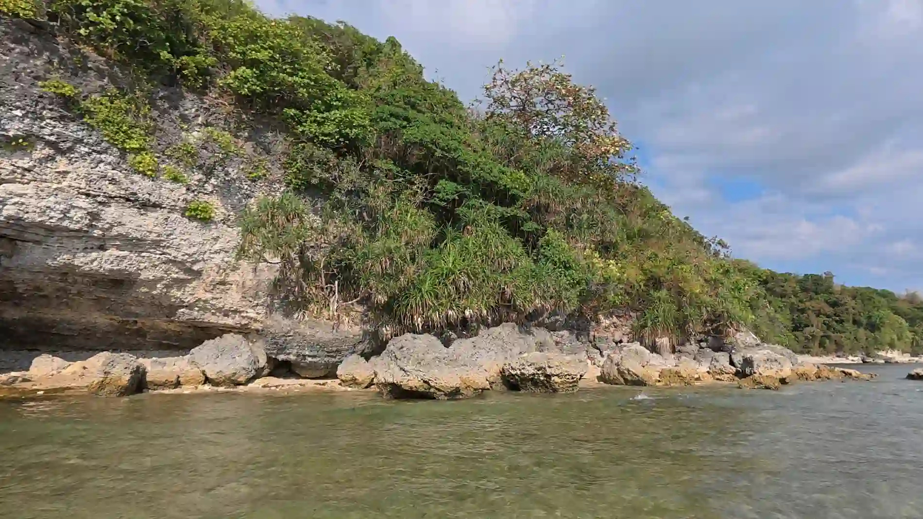 Talim Beach in Matabungkay Lian Batangas with a round tree-covered limestone rock formation a narrow sand strip and clear shallow water in the foreground