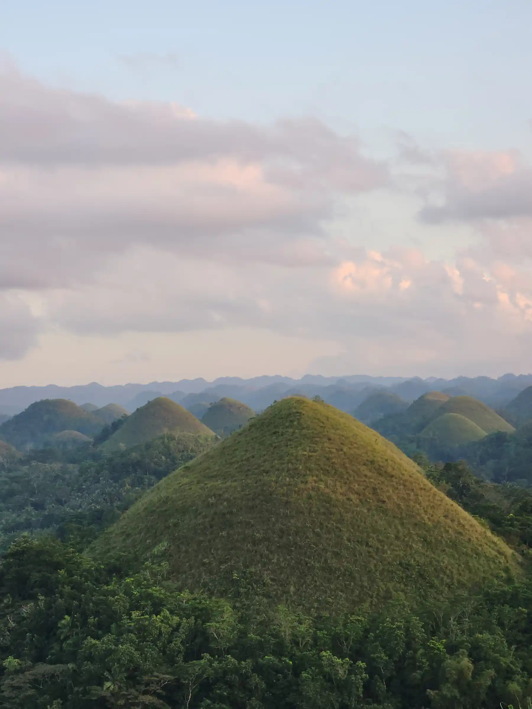 Panoramic view of dozens of green conical Chocolate Hills extending to the horizon under a pastel pink and blue sunset sky as seen from the viewpoint complex in Carmen Bohol