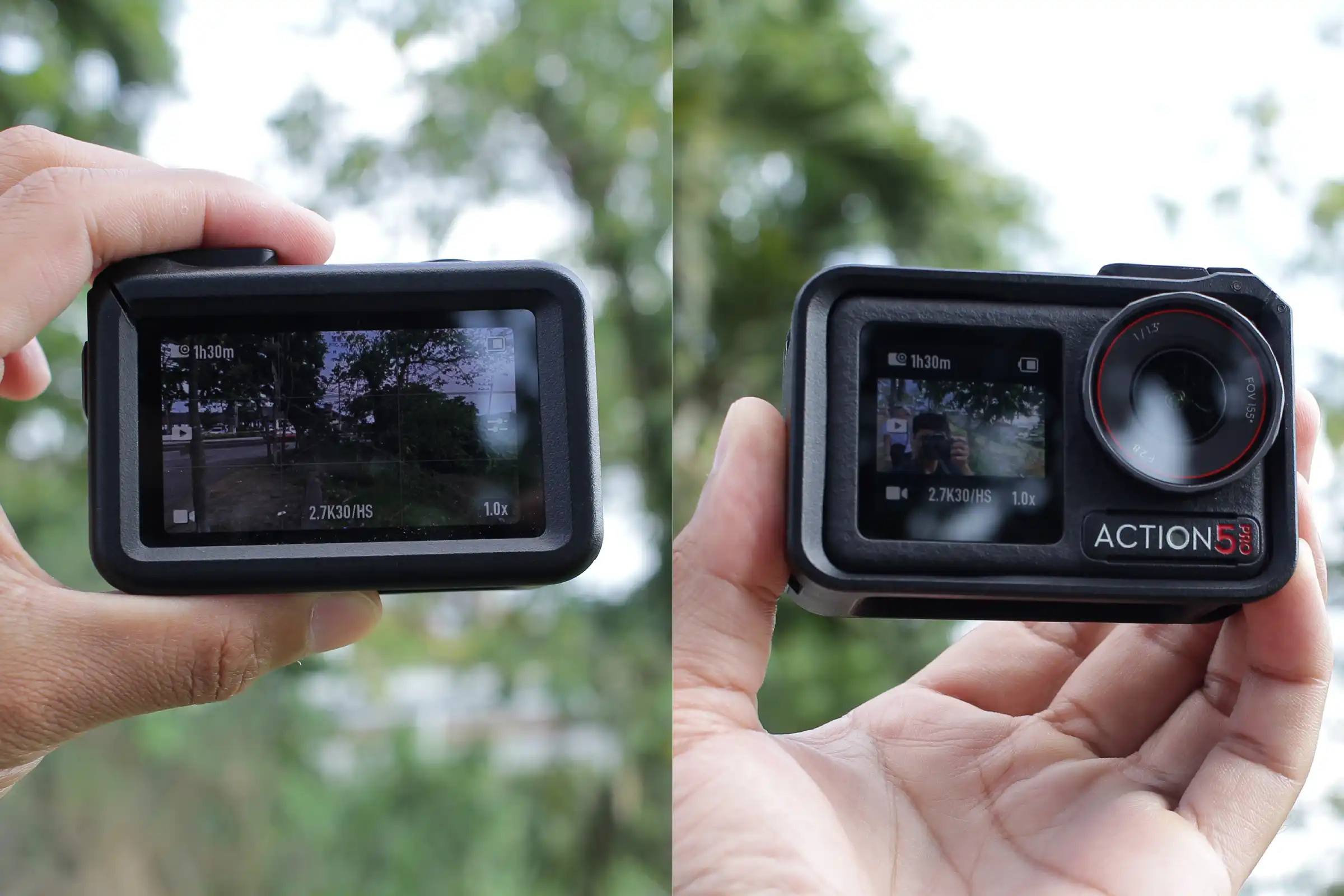 DJI Osmo Action 5 Pro held in hand showing both the rear touchscreen and front display side by side with active recording interface outdoors