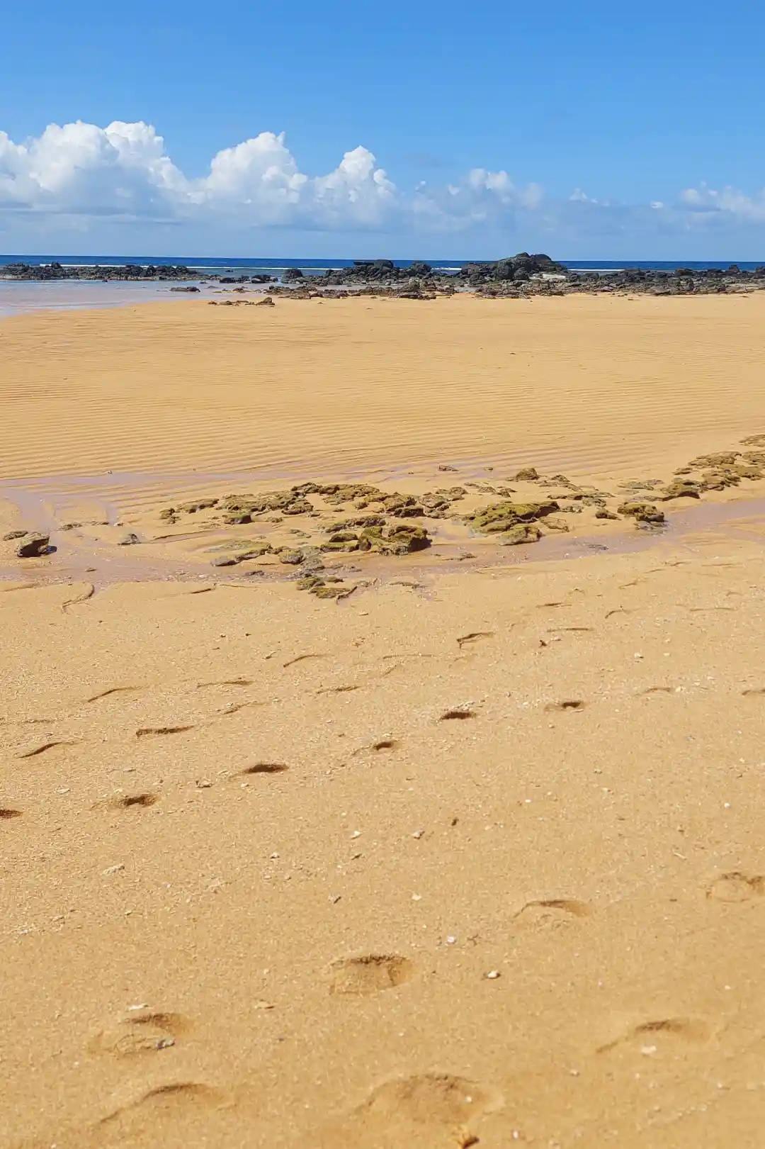 Golden sand beach with scattered rock formations and footprints at low tide in Jomalig Island