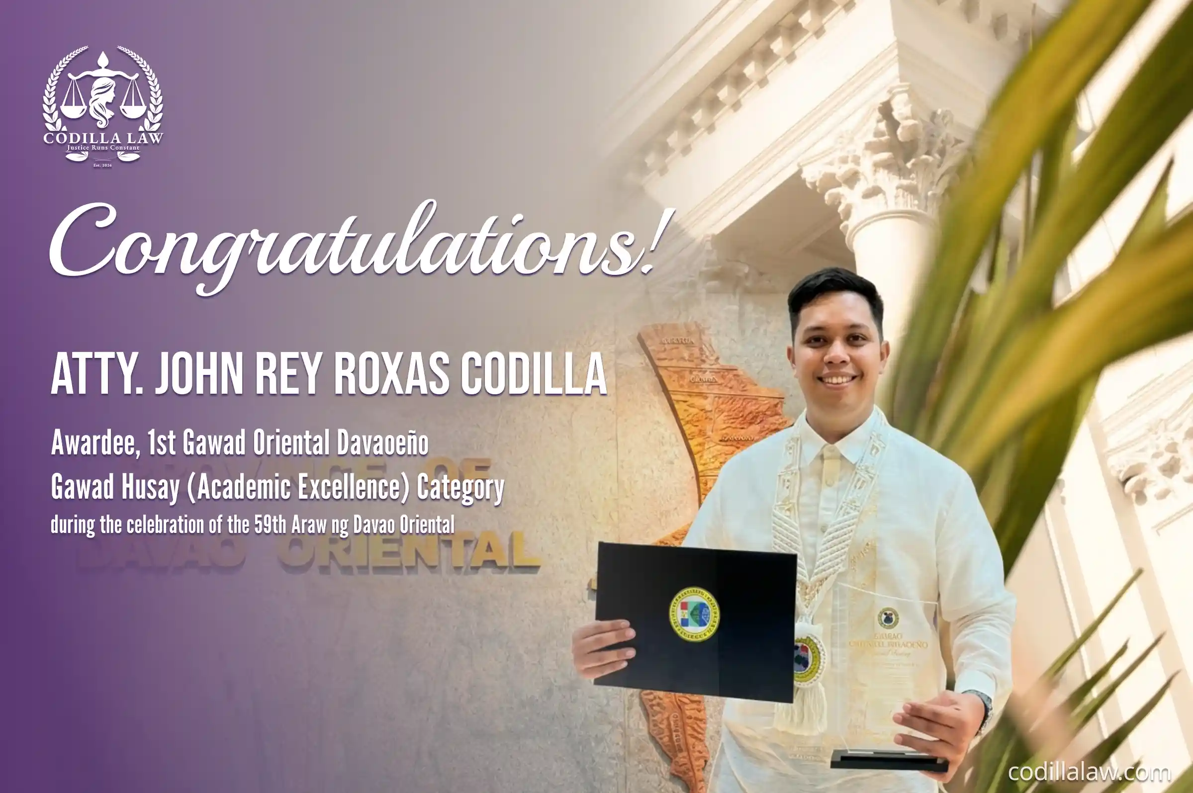 Atty. John Rey Roxas Codilla Named Awardee in the 1st Gawad Oriental Davaoeño