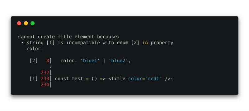 Flow error showing that using 'red1' as color for the Title component is not valid
