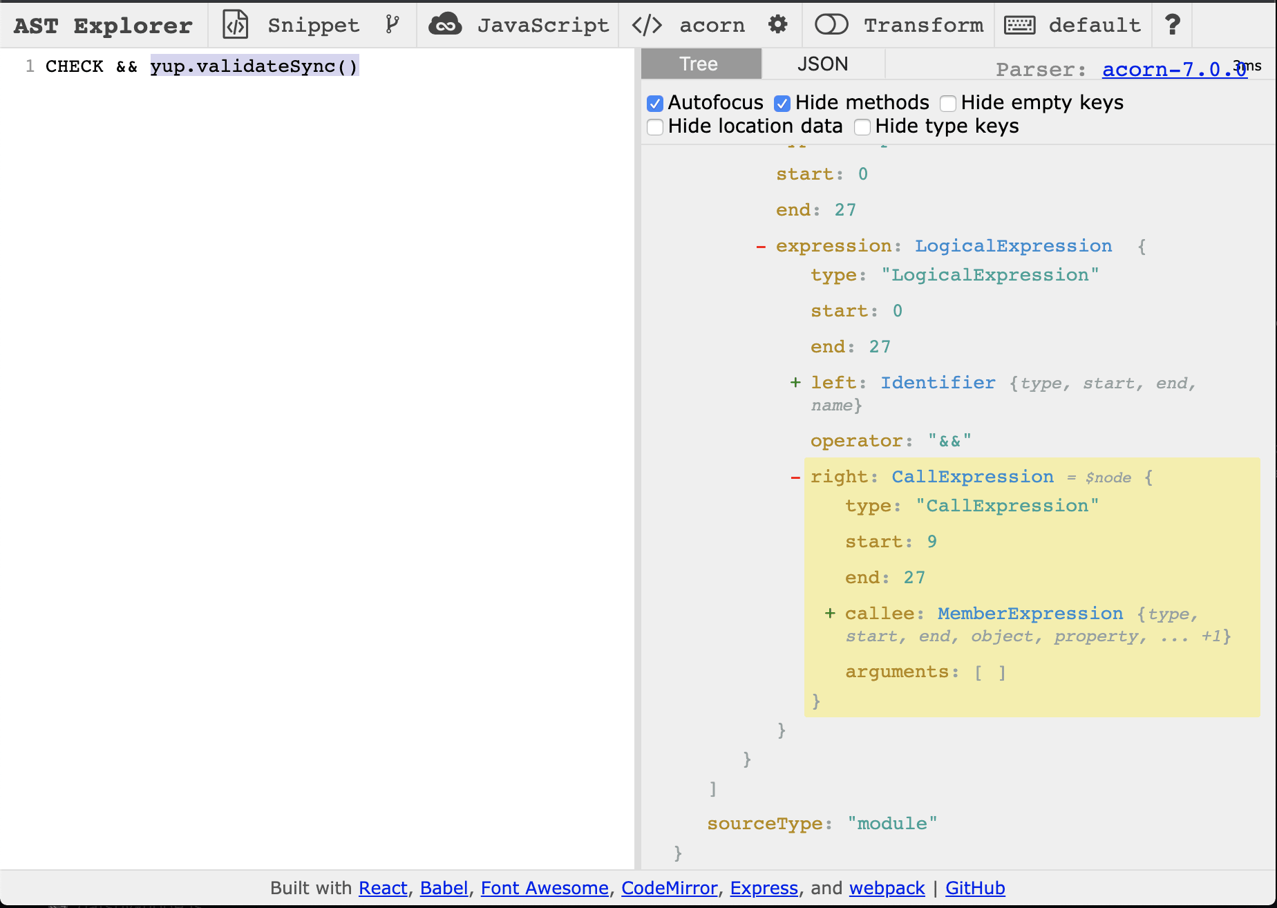 Here we're highlighting the yup.validateSync() expression to see its AST equivalent