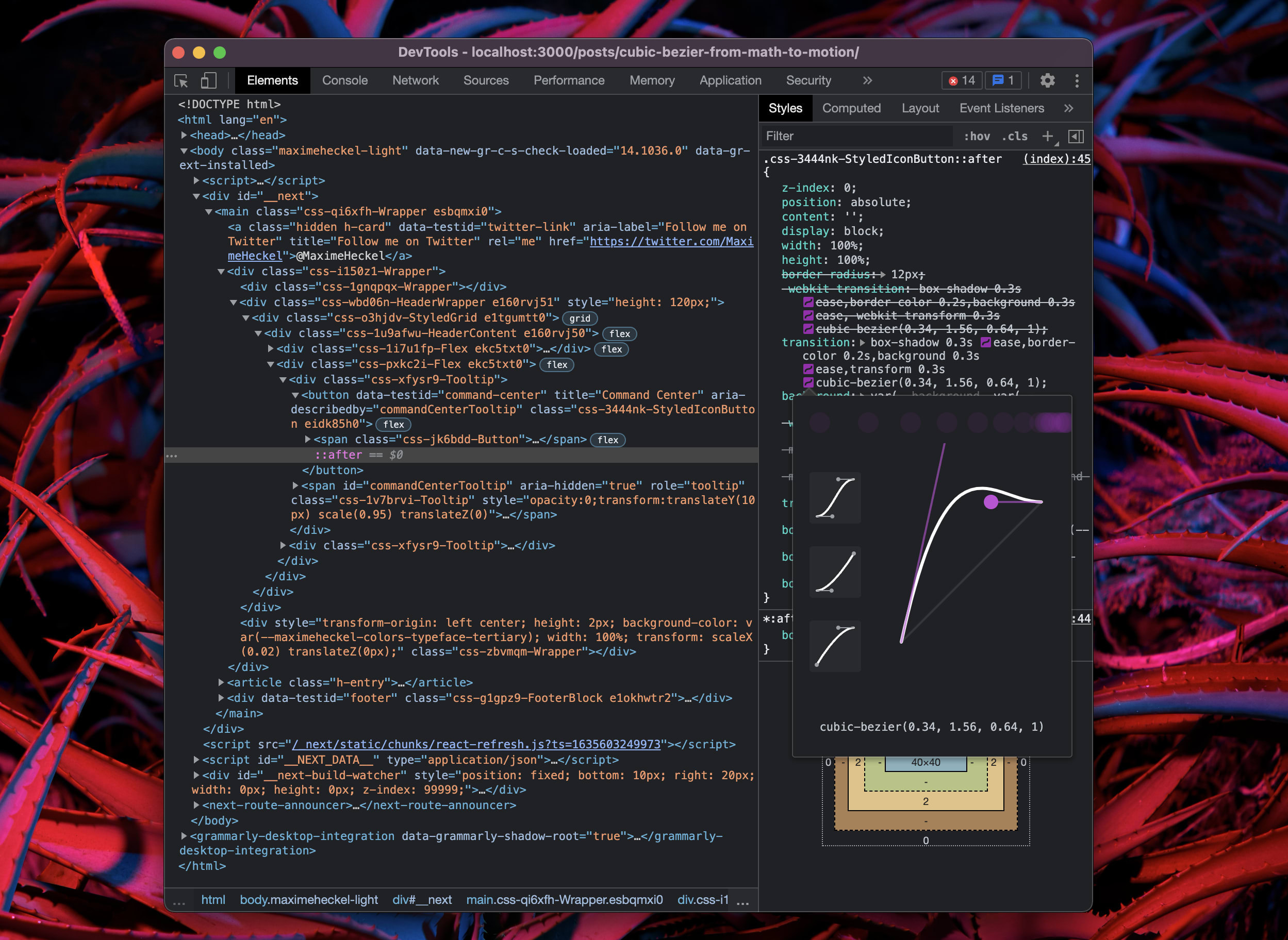 Screenshot showcasing the Chrome Dev Tools with the Cubic Bézier editor