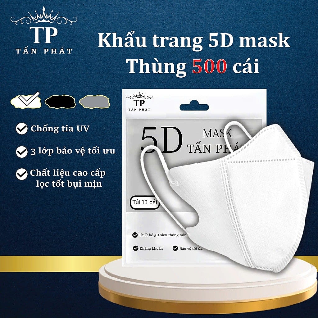 [Thùng 500 Cái] Khẩu Trang 5D Tấn Phát,3 Lớp Kháng Khuẩn,Chống Nắng,3 Màu Trắng ,Đen,Xám