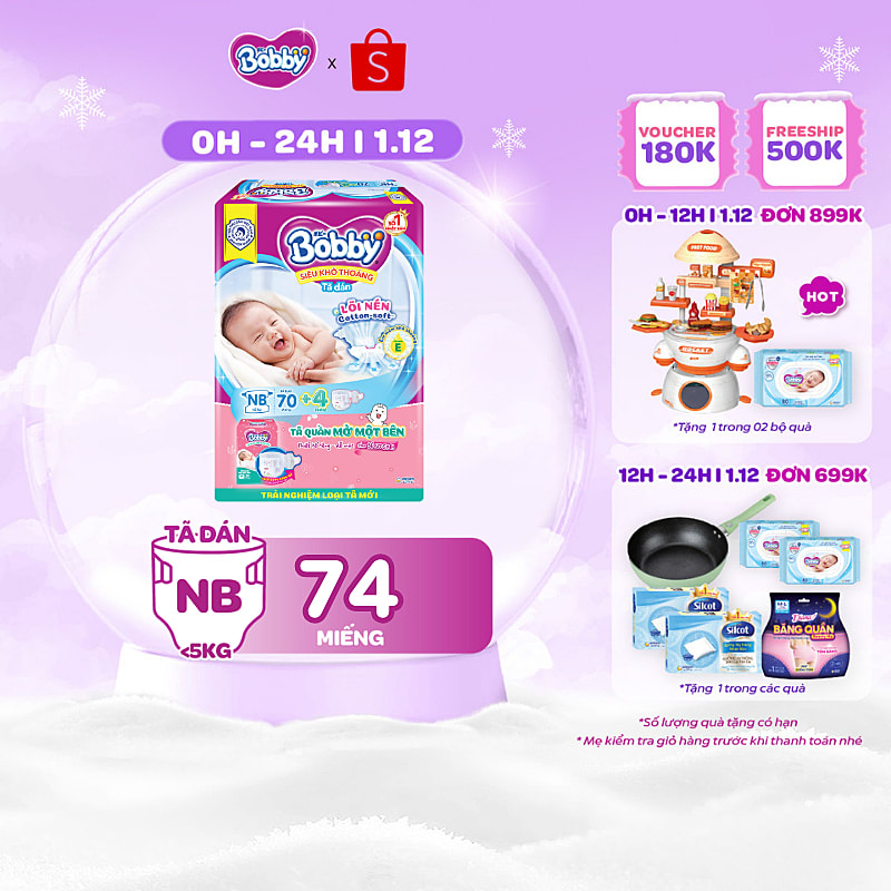 Tã dán sơ sinh Bobby XS70/S54/M46/L40/XL36/XXL32 mới- Lõi nén cotton-soft 3mm