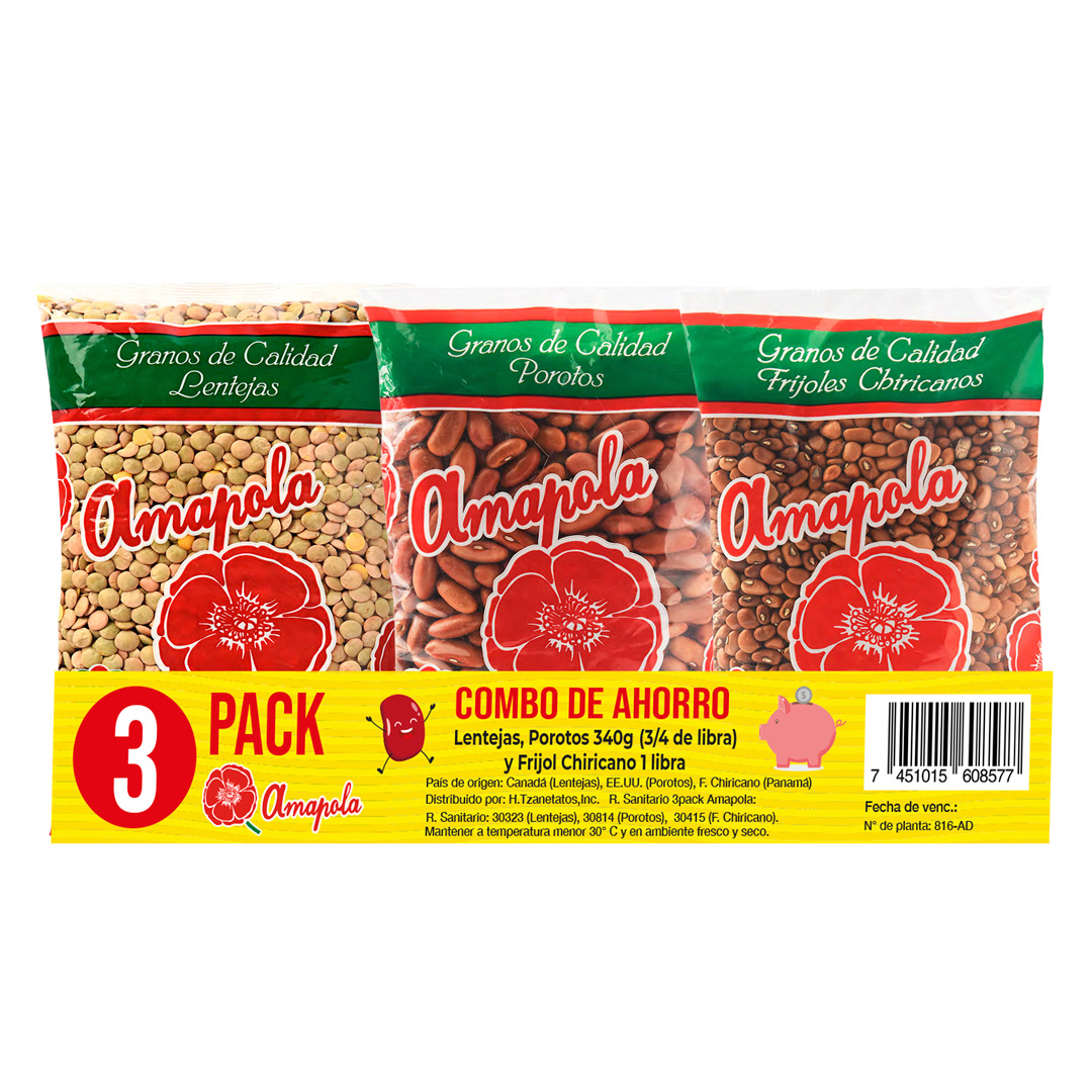 3 PACK AMAPOLA (Lentejas y Porotos 340g, Frijol Chiricano 1Lb)