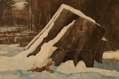 Allen Blagden - Stump in Snow Painting For Sale