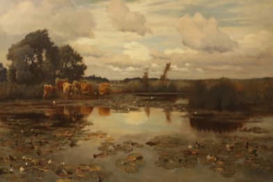 William Sidney Cooper Victorian Painting: Cows and Lily Pads