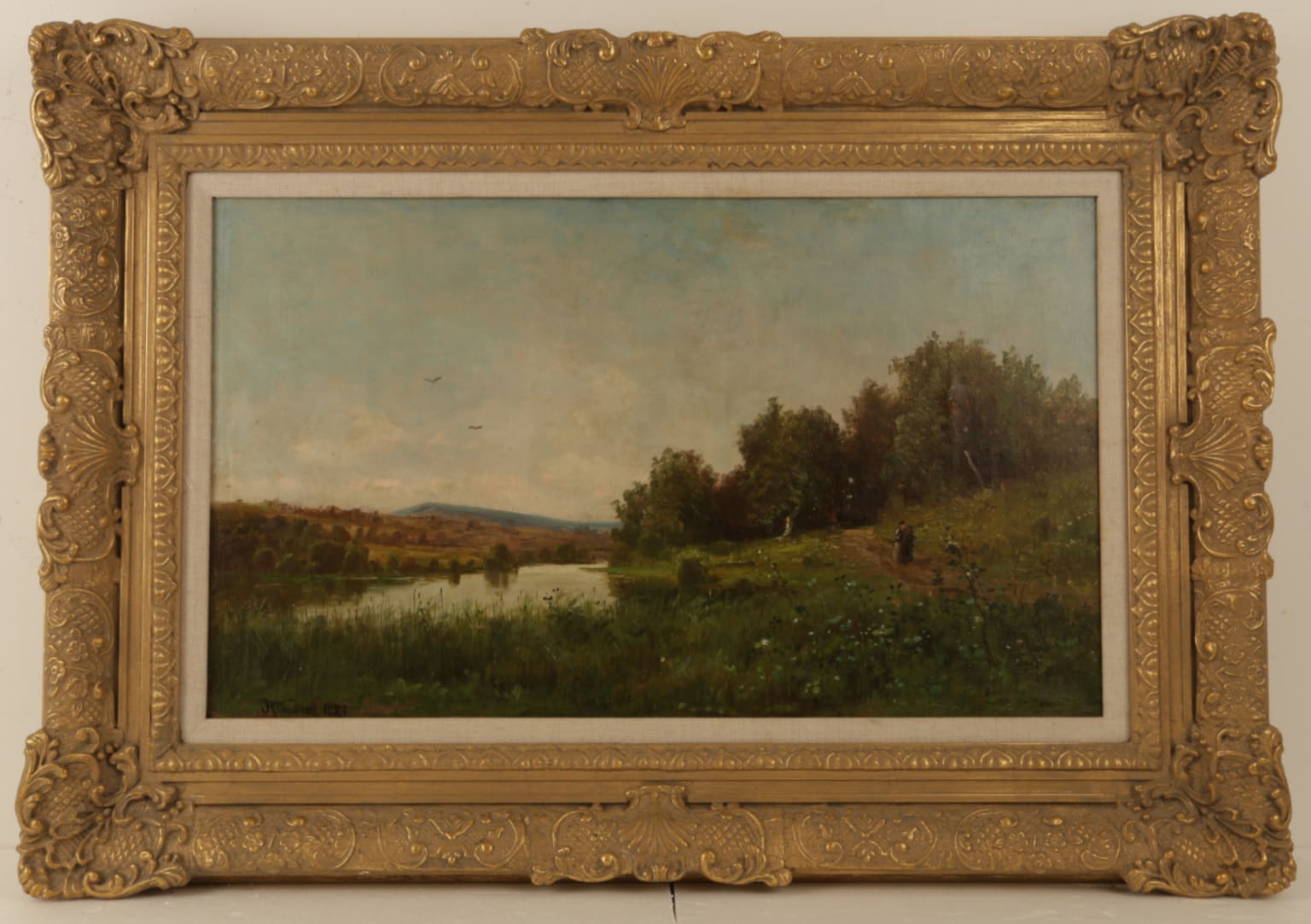 Joseph Ryan Woodwell – Ladies on a Path by a Pond Painting for Sale