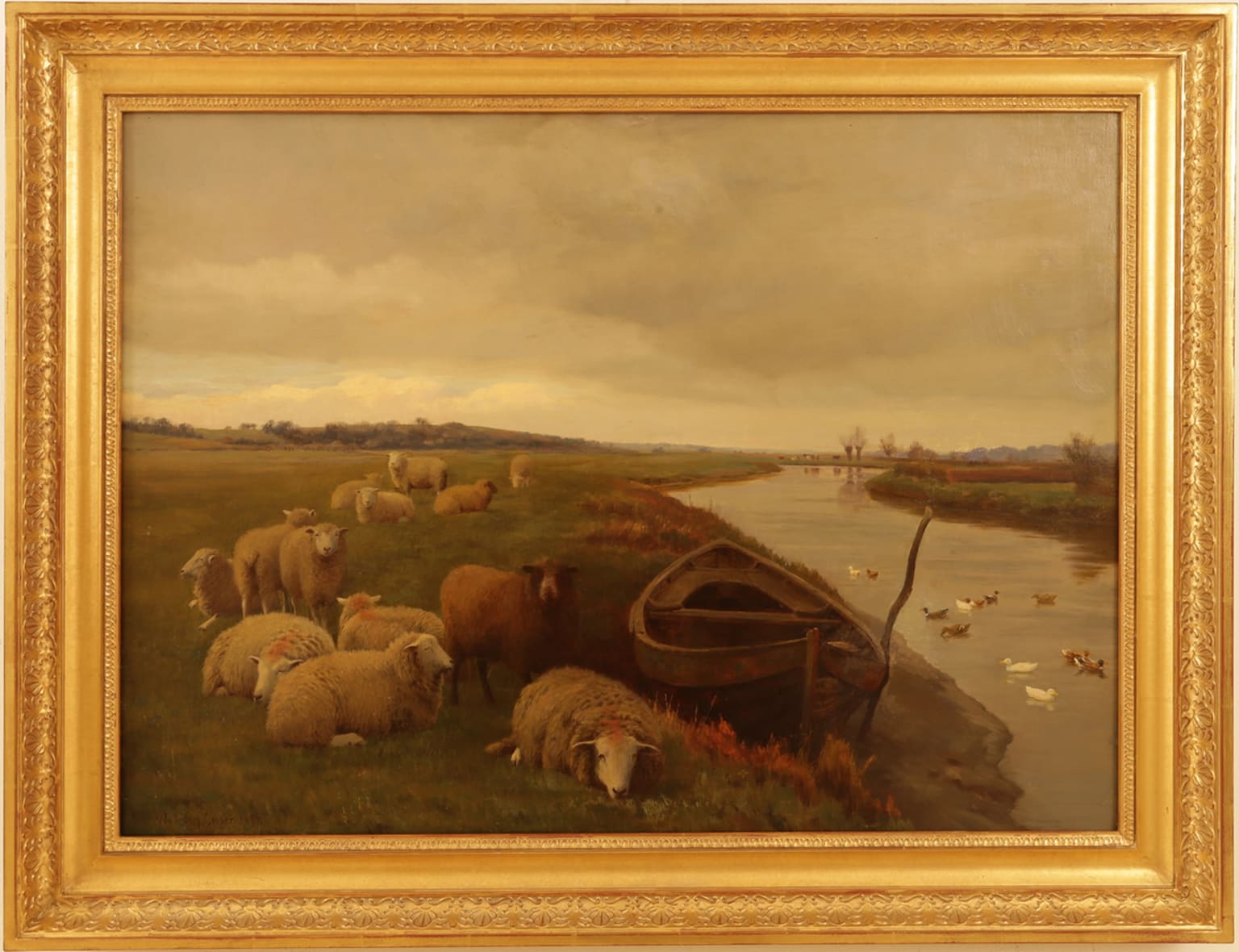 William Sidney Cooper - Sheep by a Boat and Stream with Ducks