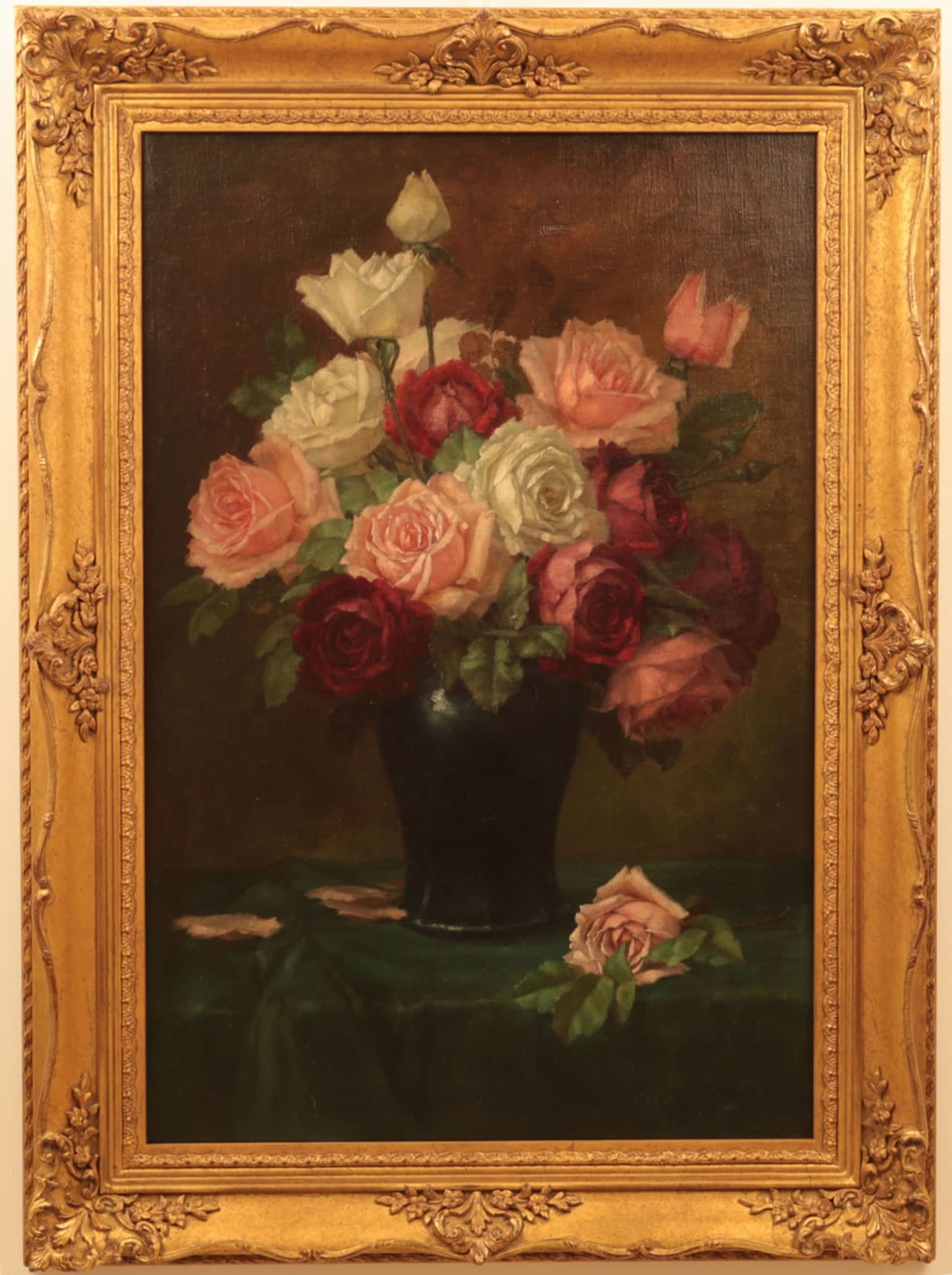 August Hermann Krüger - Roses In A Vase Painting For Sale