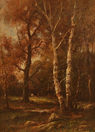 Charles Linford - Birch trees in Rocky Forest with cows   $6,500 
