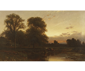 John Carleton Wiggins - Cattle Watering in a Sunset River Landscape 