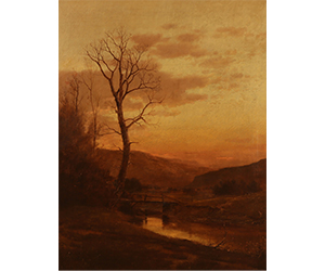 John Adams Parker – Autumn View with Quiet River and Wooden Bridge at Dusk 