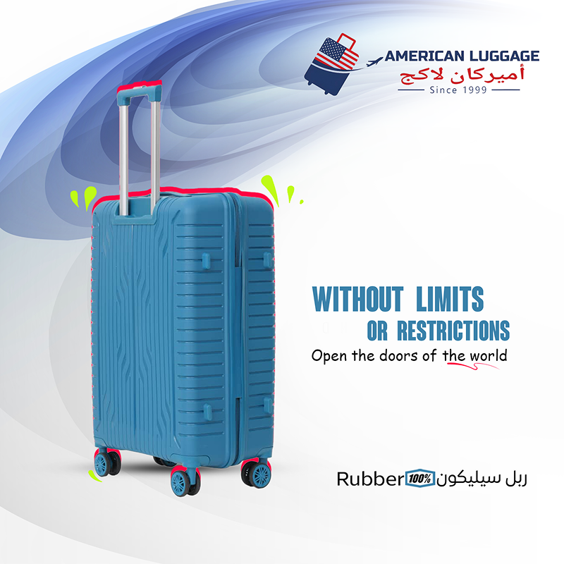 American Luggage blue suitcase with text about limits