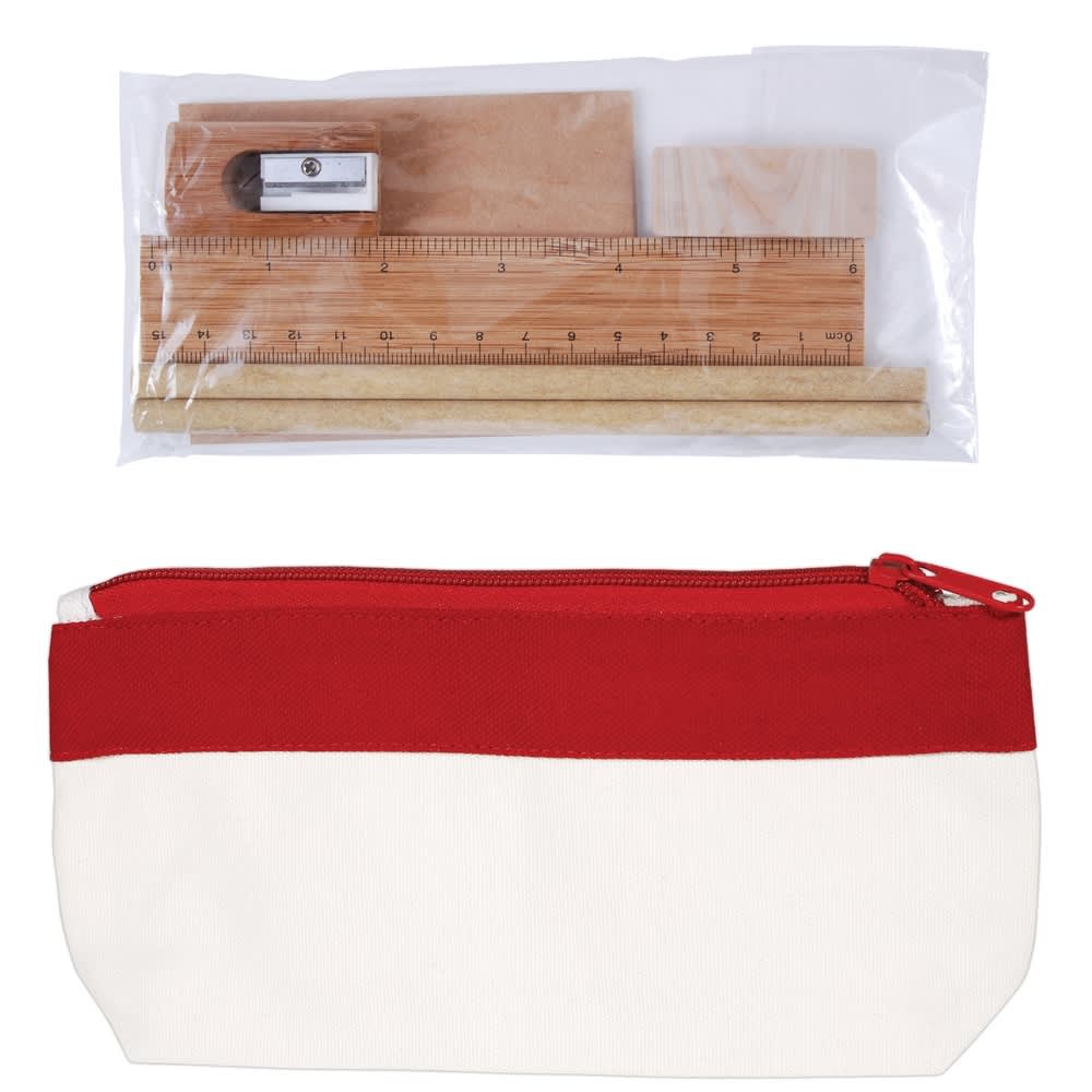 Natural/Red Bamboo Stationery Set in Canvas Pencil Case