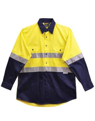 Yellow/Navy Hi-Vis Long Sleeve Cotton Drill Safety Shirt