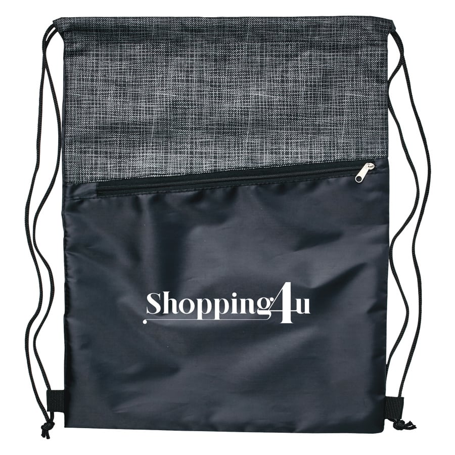 Black Crosshatch Drawstring Bag with Zipper Pocket