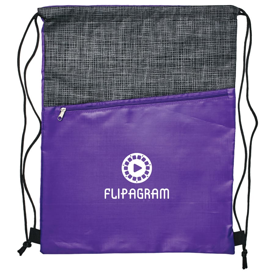 Purple Crosshatch Drawstring Bag with Zipper Pocket