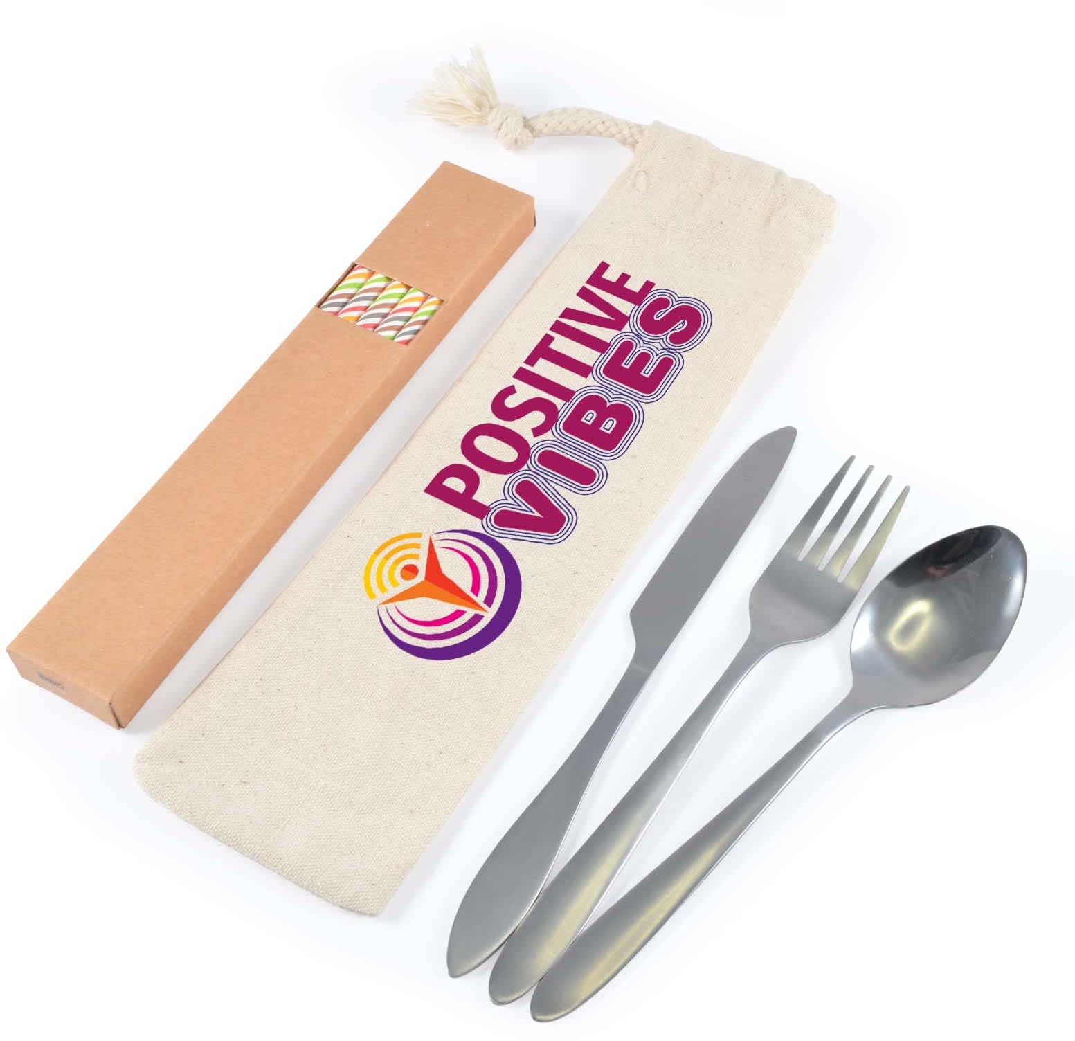 Banquet Cutlery Set &amp; Straws In Calico Pouch