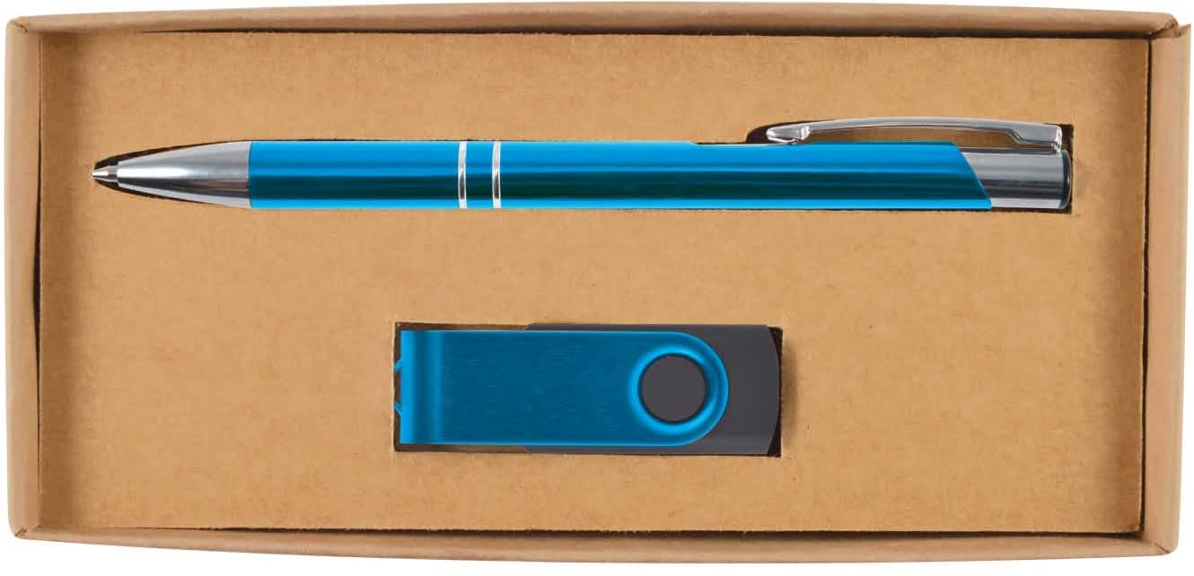 Light Blue Bellman Pen &amp; USB Cardboard Gift Set