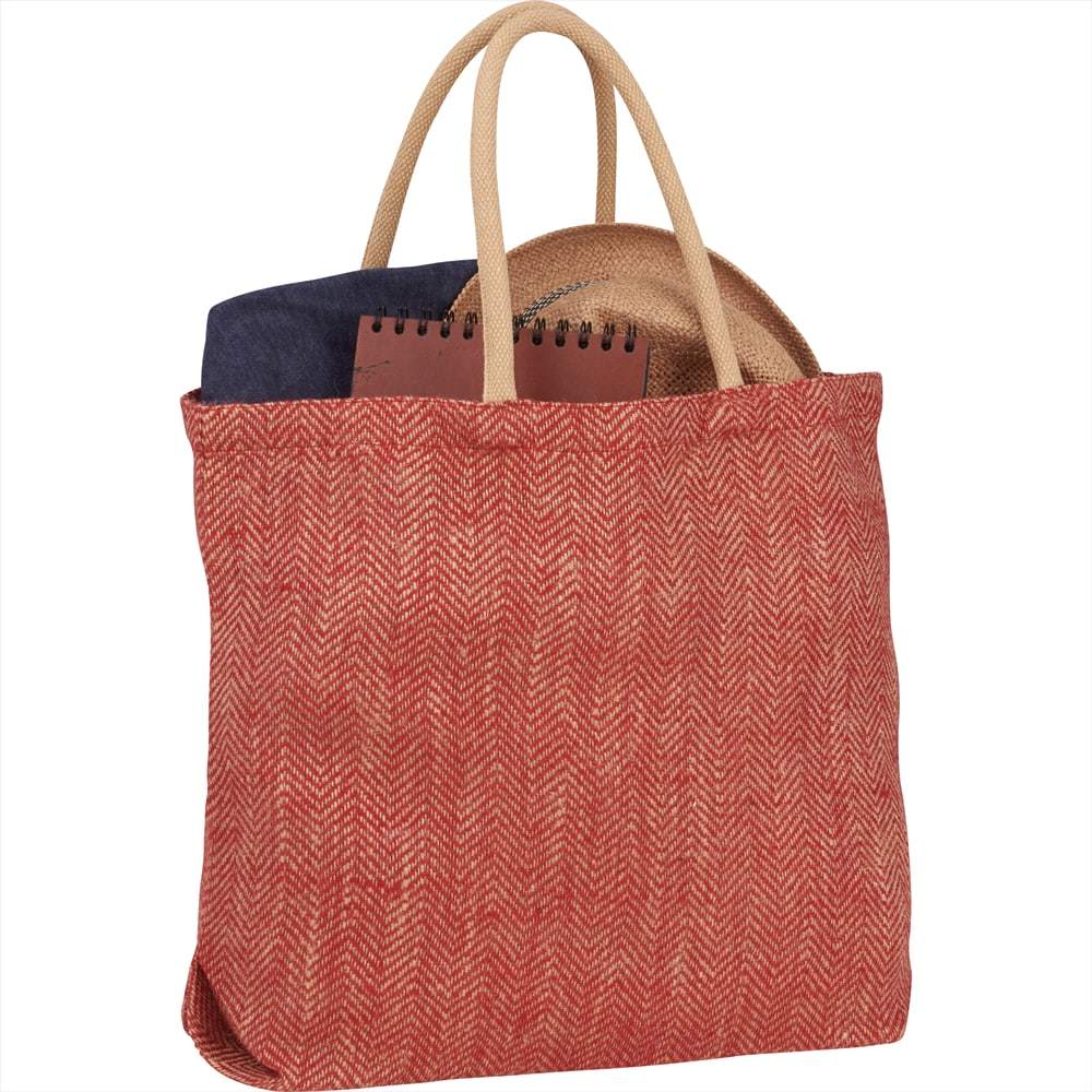 Red Herringbone Jute Tote