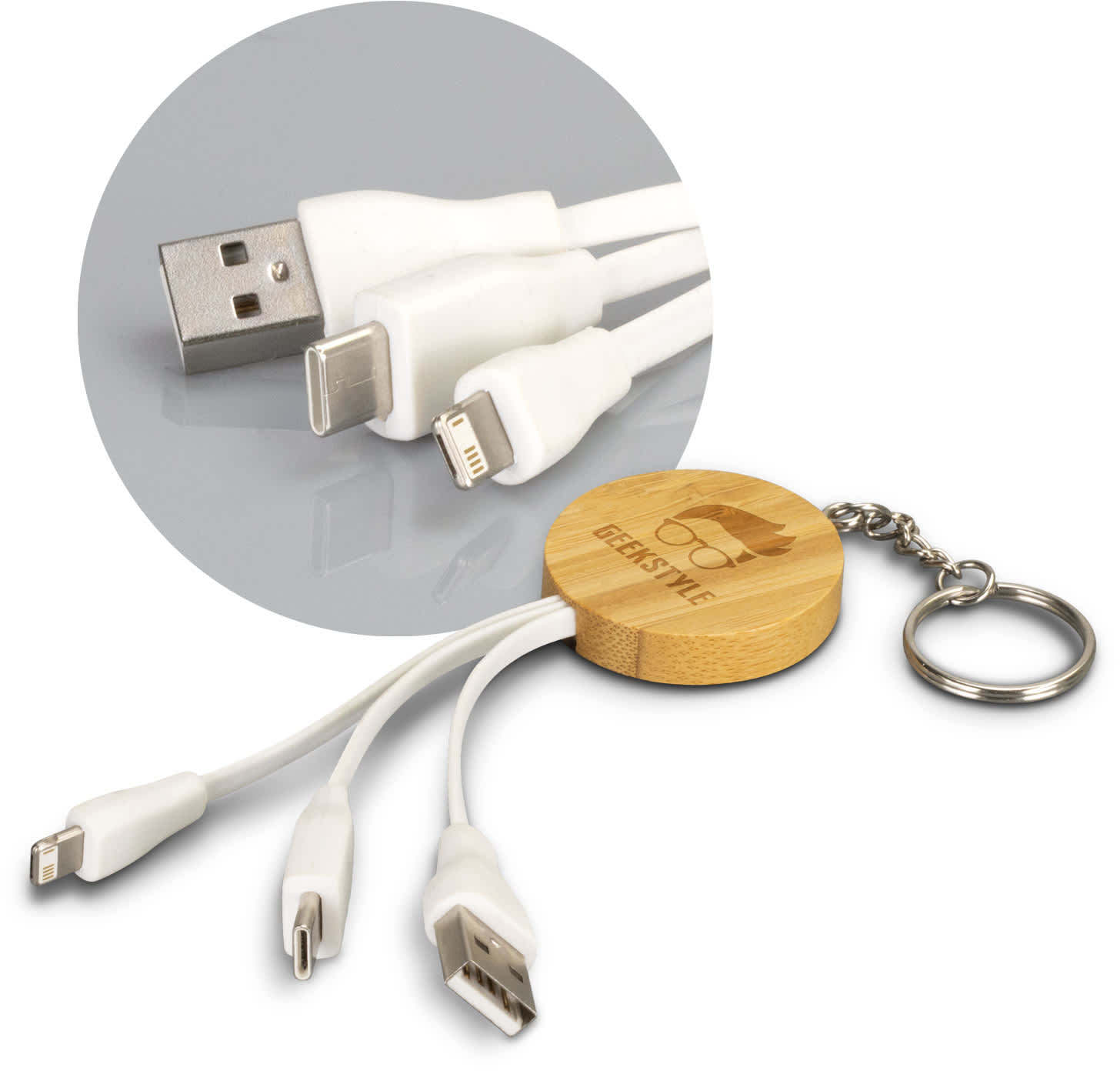 Bamboo Charging Cable Key Ring - Round