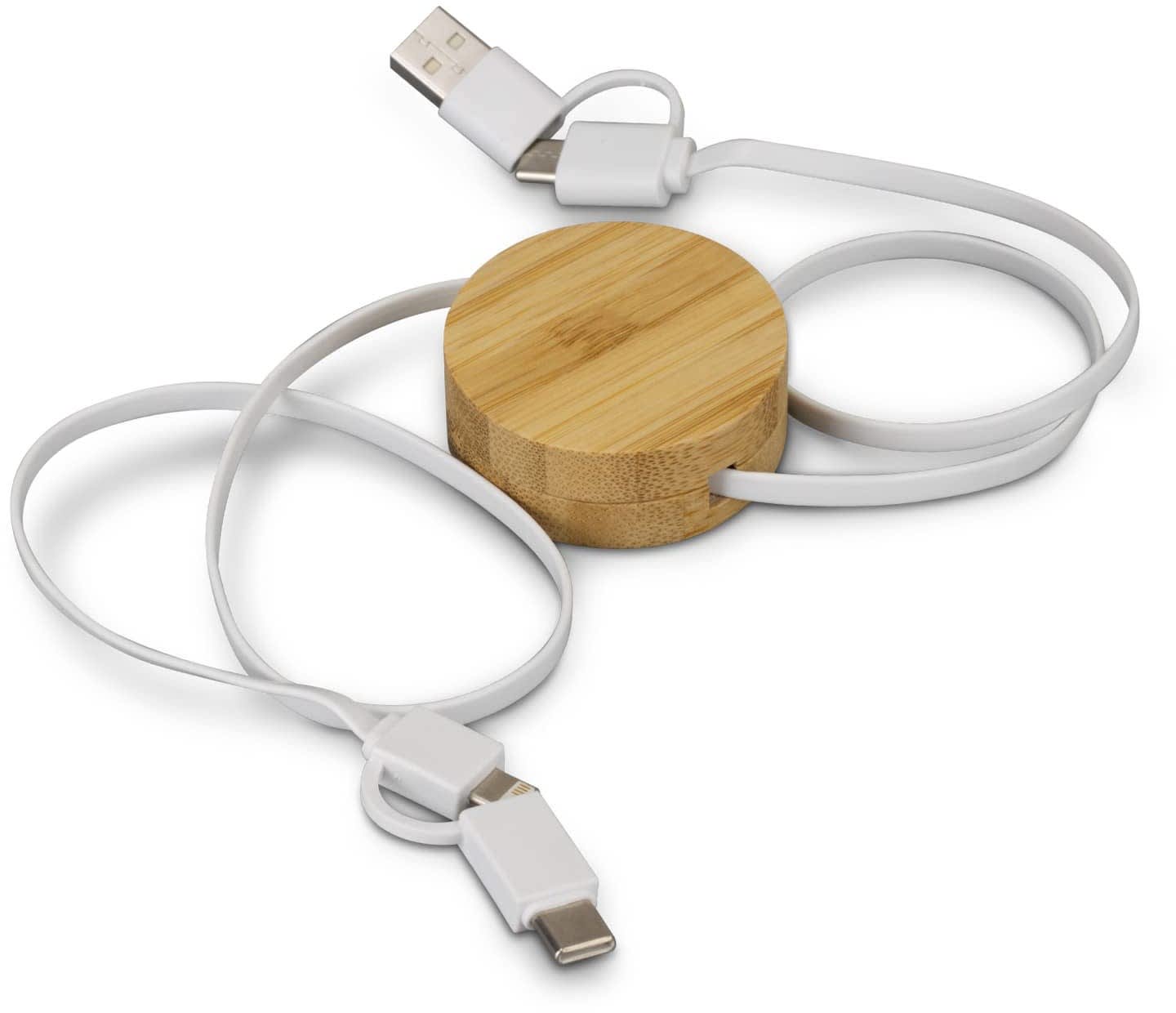 Natural/White Bamboo Retractable Charging Cable