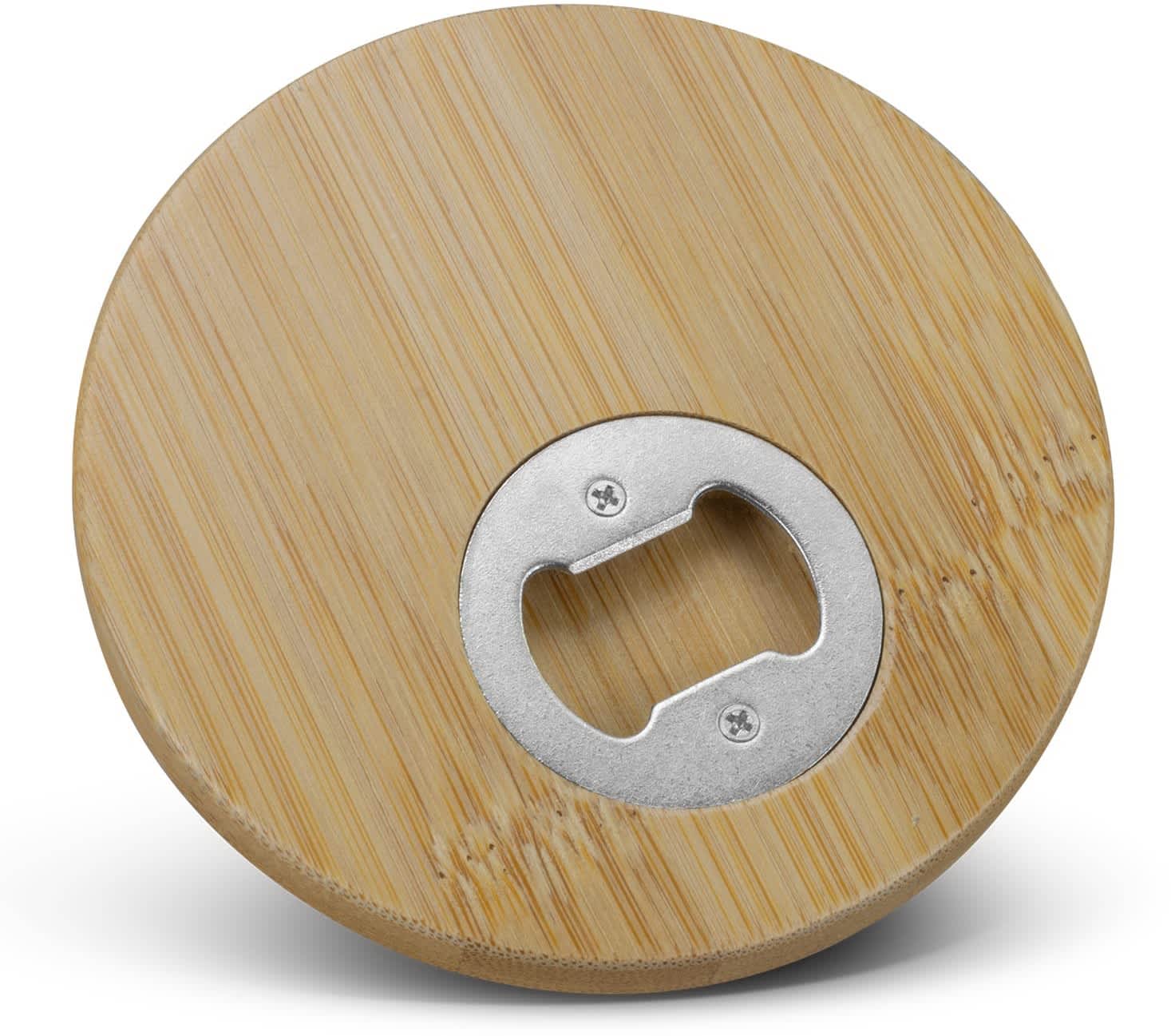 Natural/Silver Bamboo Bottle Opener Coaster - Round