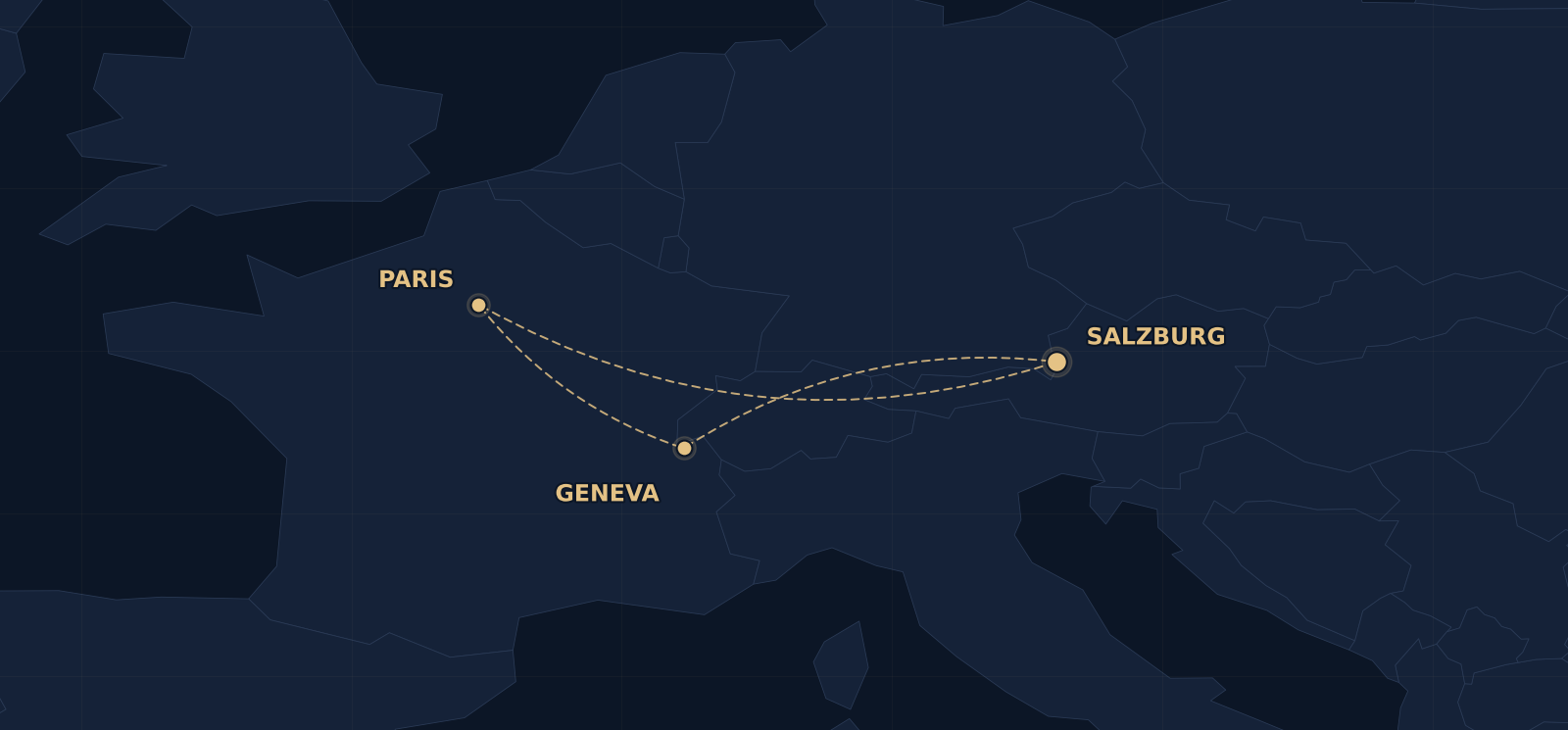 Map of Europe showing the three DAL Aviation group bases: Salzburg, Geneva and Paris, connected by flight routes.