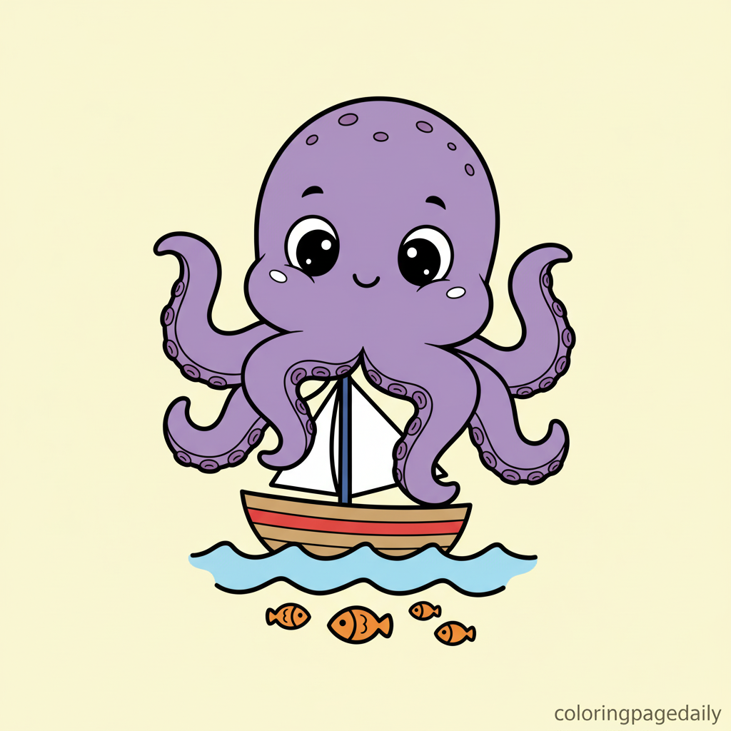 The Curious Baby Kraken - Colored reference example for this printable coloring page