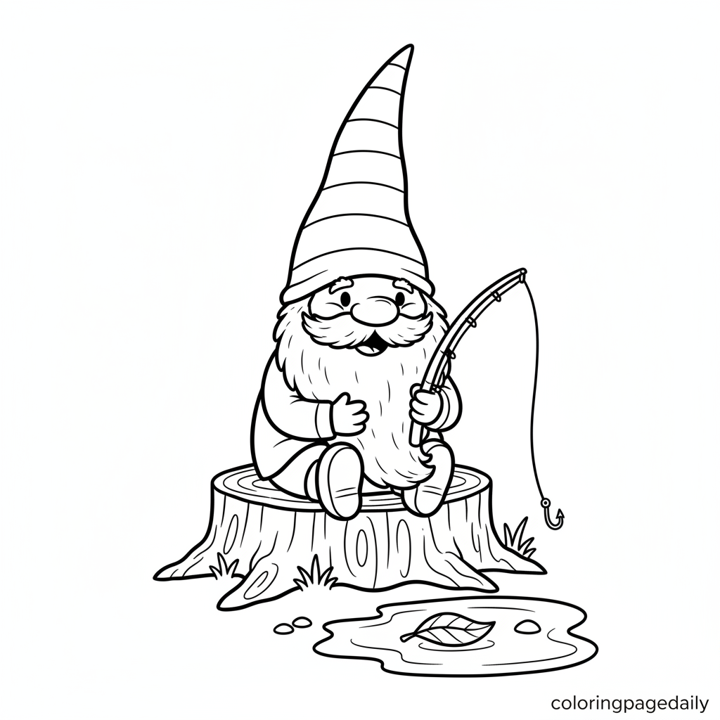 Gnome's Puddle Fishing - Black and white coloring page ready to print