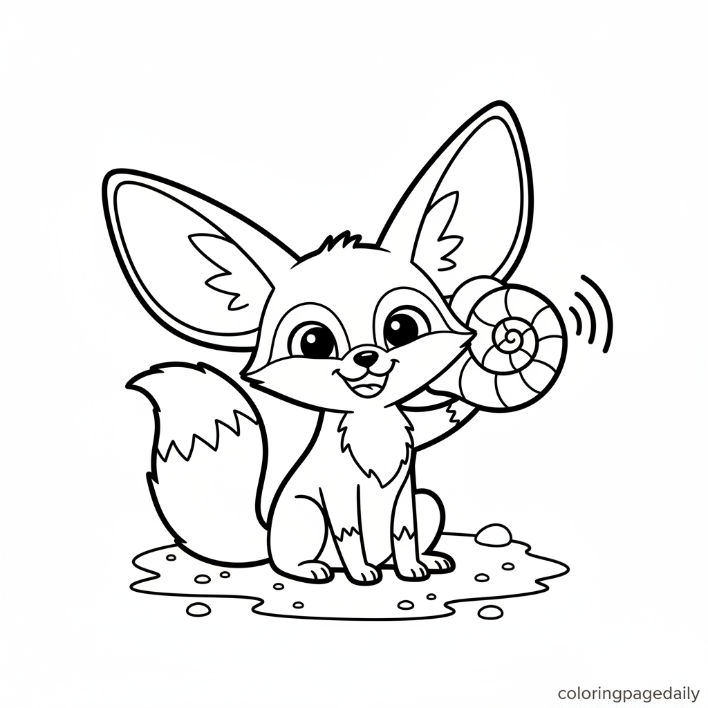 Fennec Fox's Seashell Secret - Black and white coloring page ready to print
