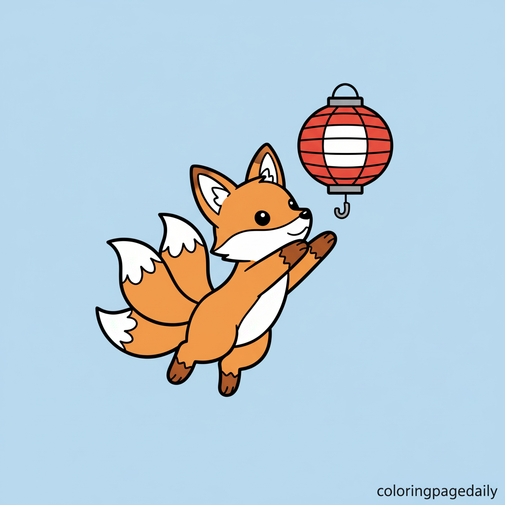 Kitsune's Lantern Leap - Colored reference example for this printable coloring page