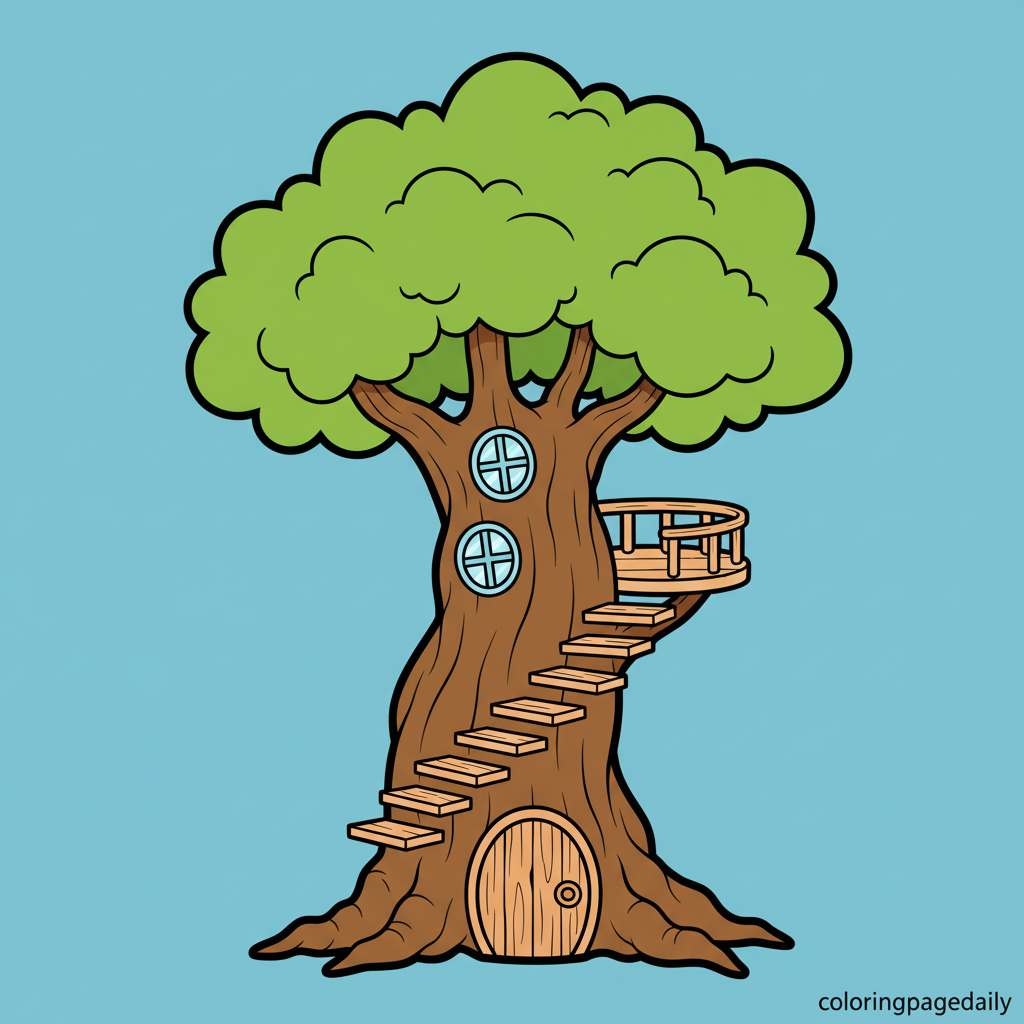 The Spiral Staircase Treehouse - Colored reference example for this printable coloring page