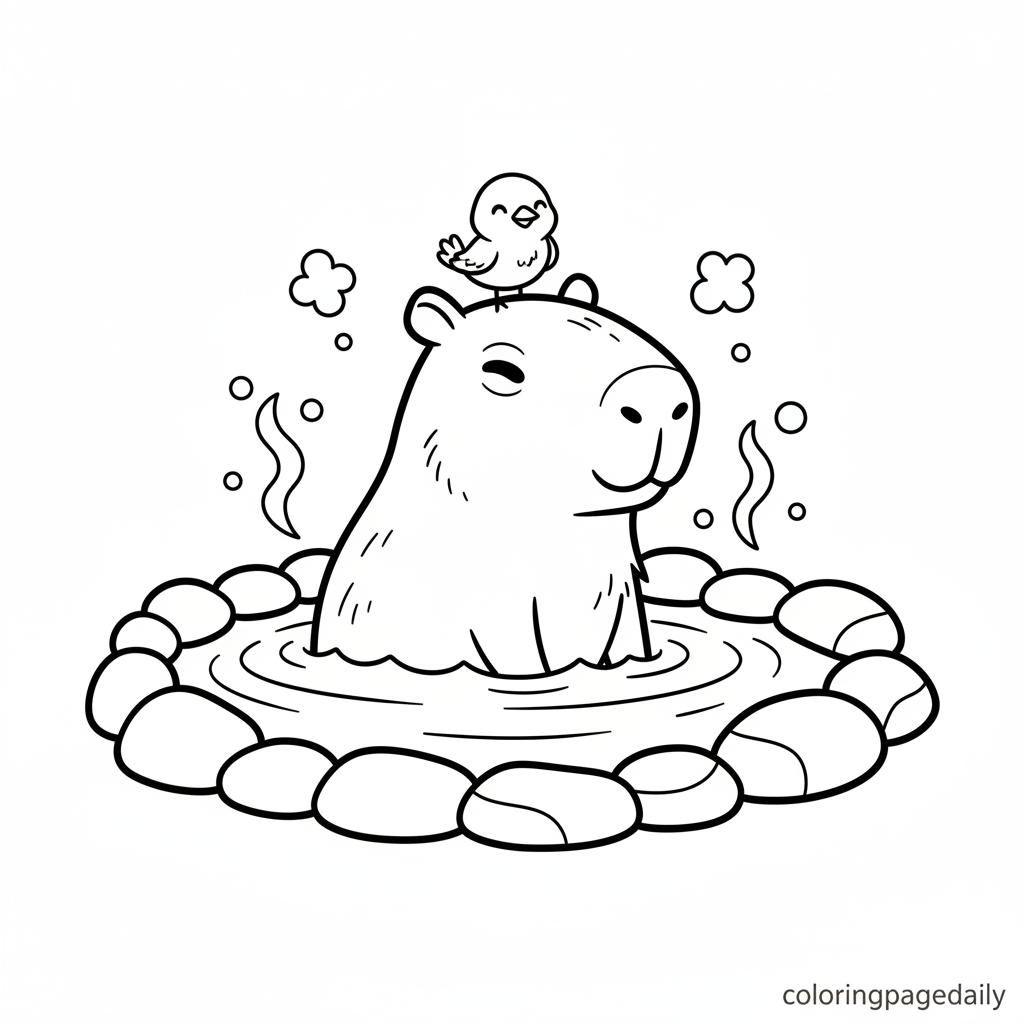 Capybara's Hot Spring Friend - Black and white coloring page ready to print