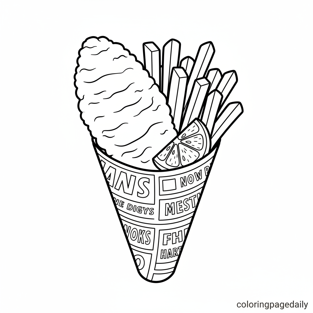 Classic Fish and Chips - Black and white coloring page ready to print