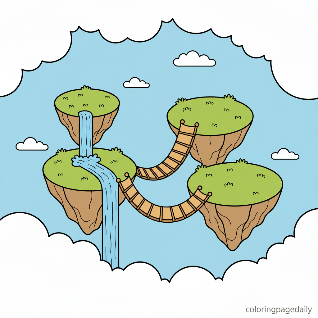 The Floating Island Path - Colored reference example for this printable coloring page