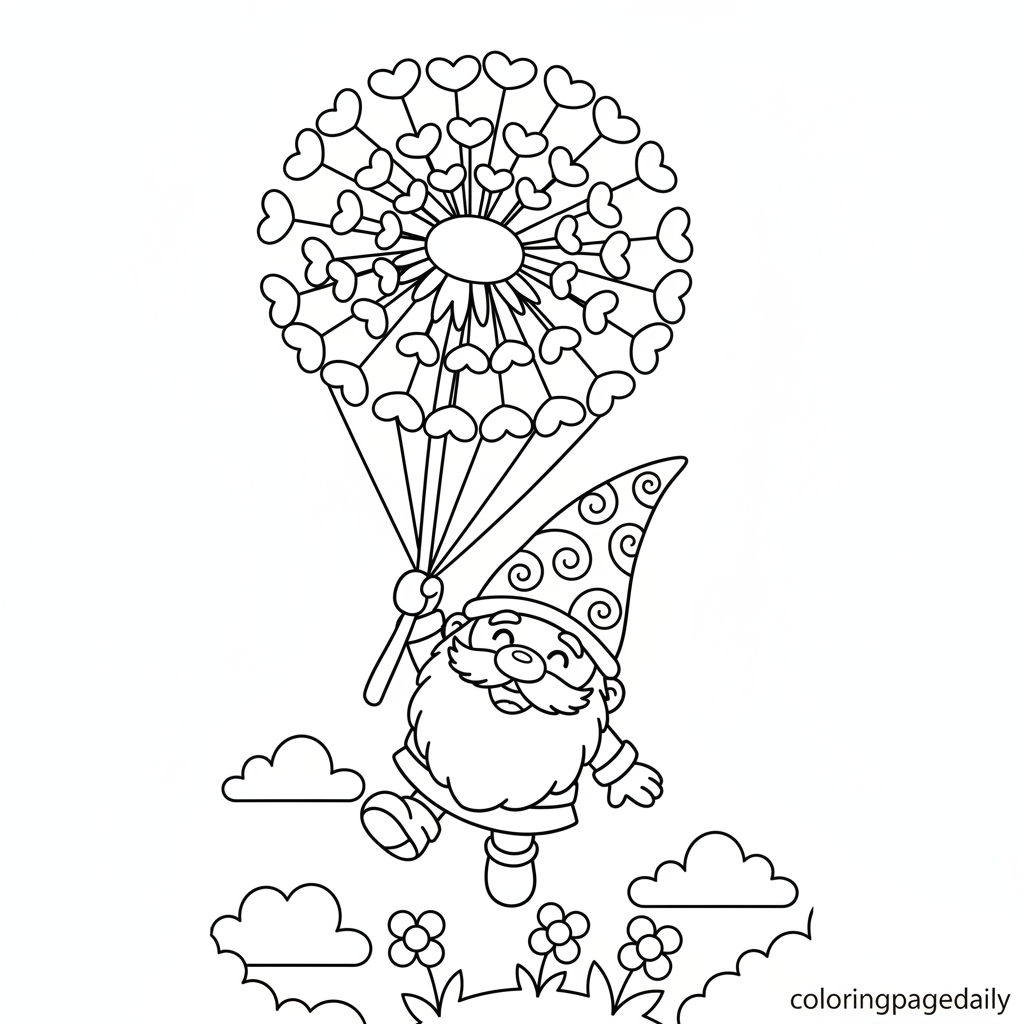 Gnome Riding a Dandelion Seed - Black and white coloring page ready to print