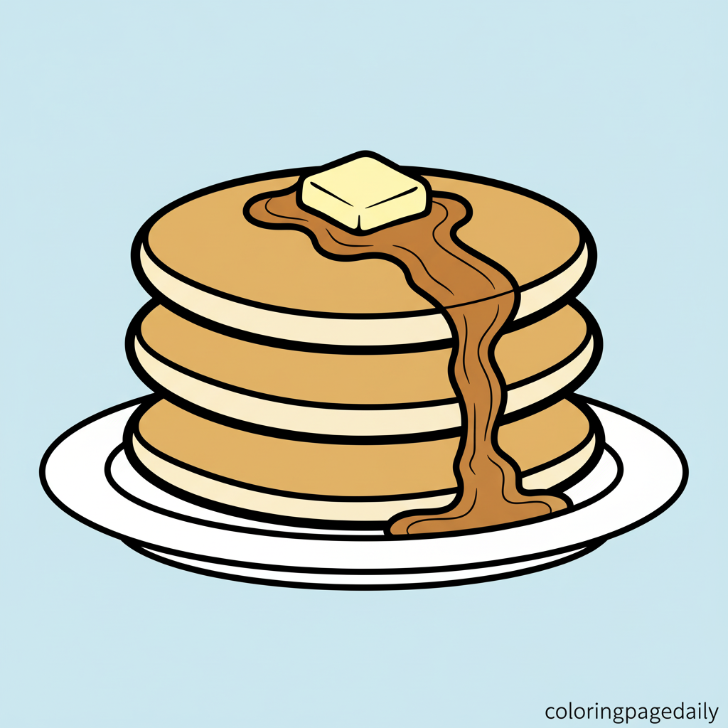 Fluffy American Pancake Stack - Colored reference example for this printable coloring page