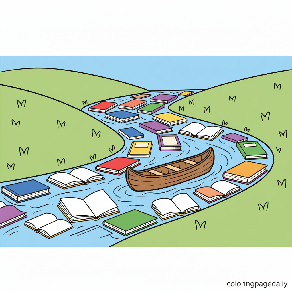 Floating Down the Book River - Colored reference example for this printable coloring page