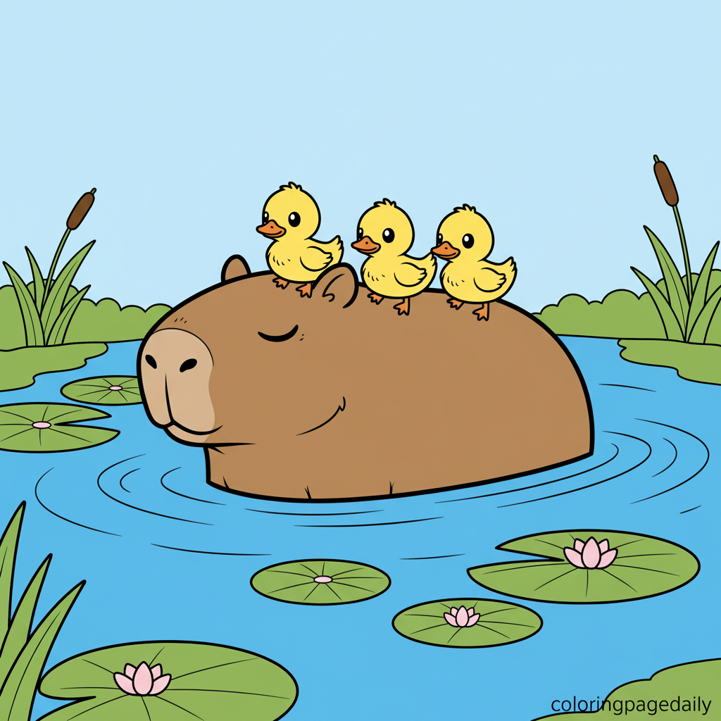 Capybara's Duckling Ferry - Colored reference example for this printable coloring page