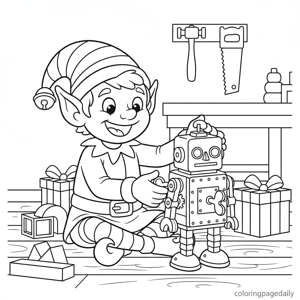 Elf Winding Up a Toy Robot - Black and white coloring page ready to print