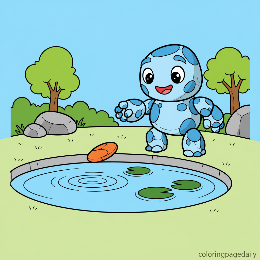 Golem Skips a Stone - Colored reference example for this printable coloring page