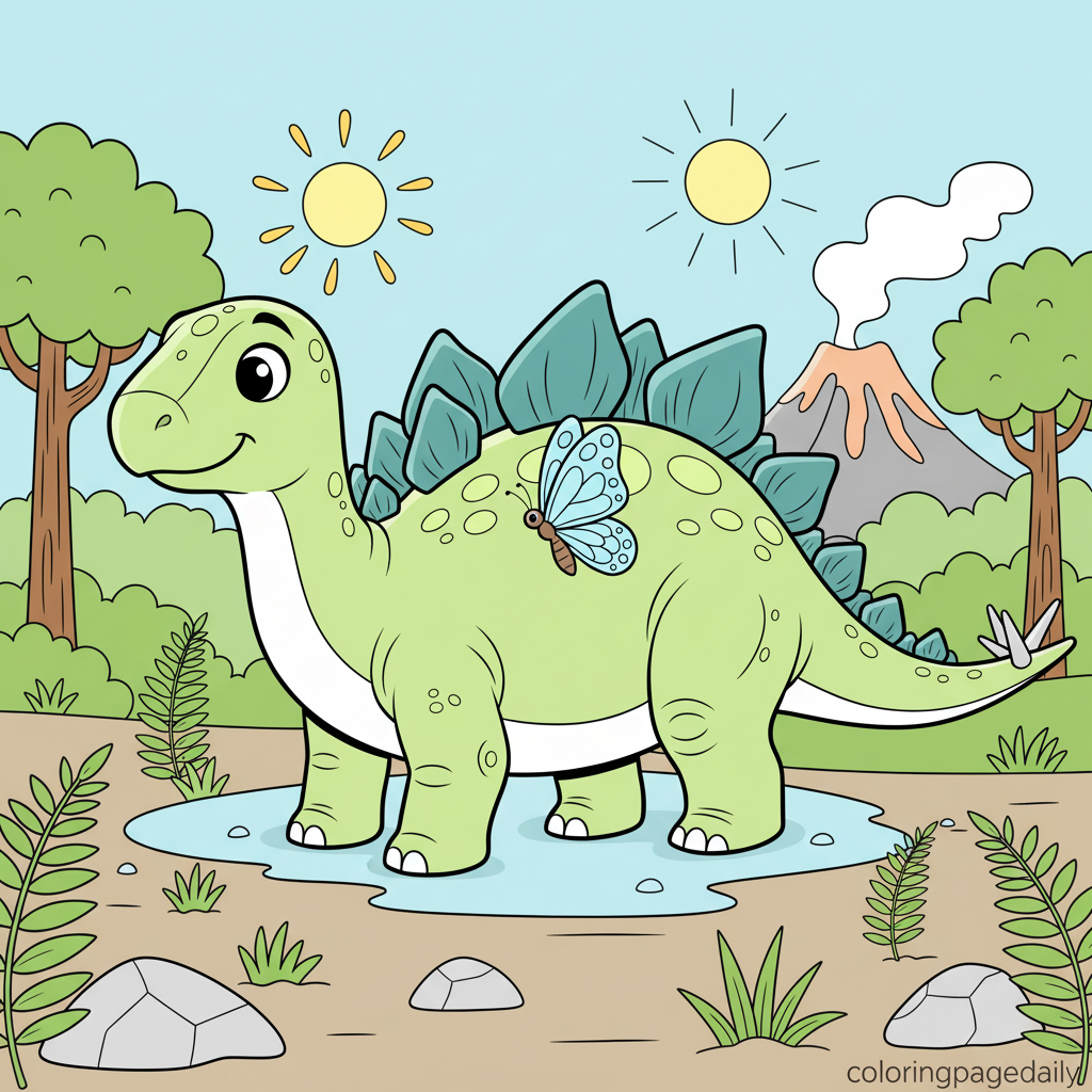 Stegosaurus and the Butterfly - Colored reference example for this printable coloring page
