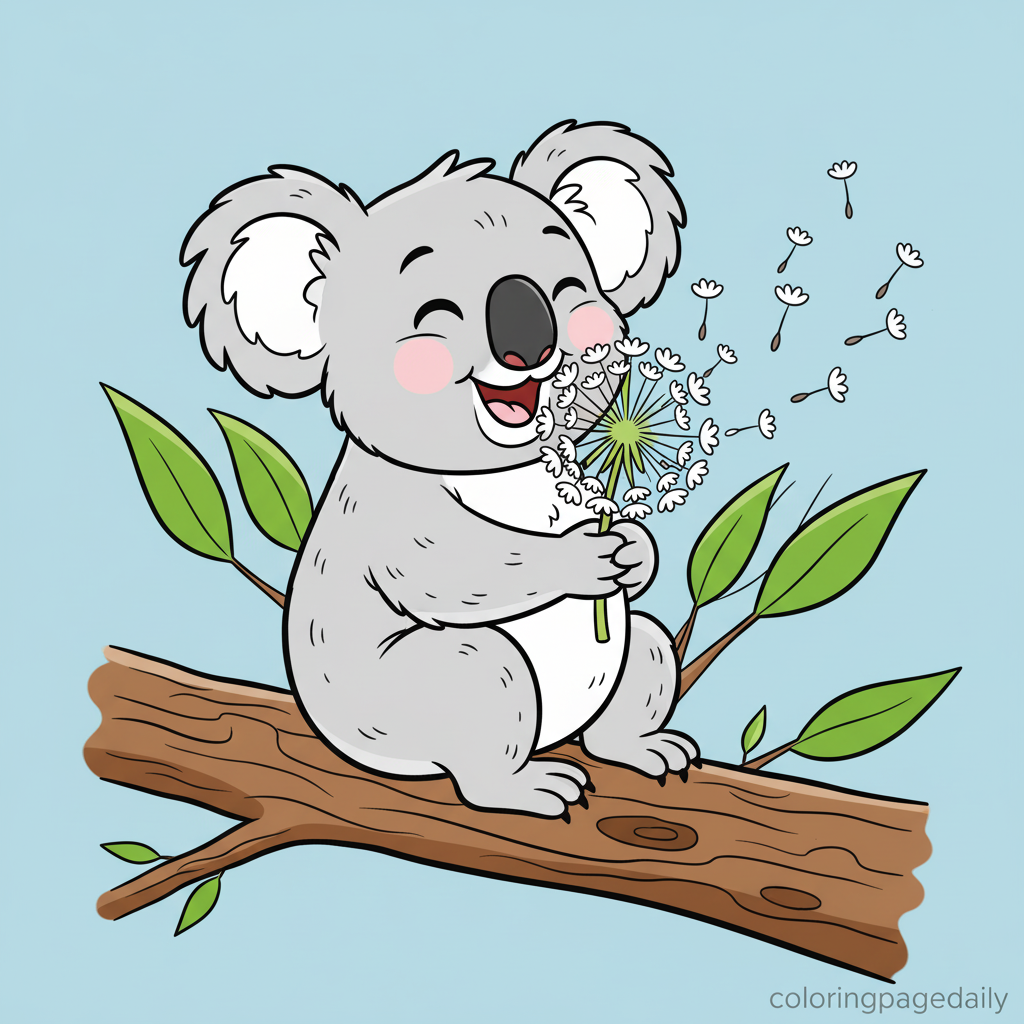 Koala Making a Dandelion Wish - Colored reference example for this printable coloring page