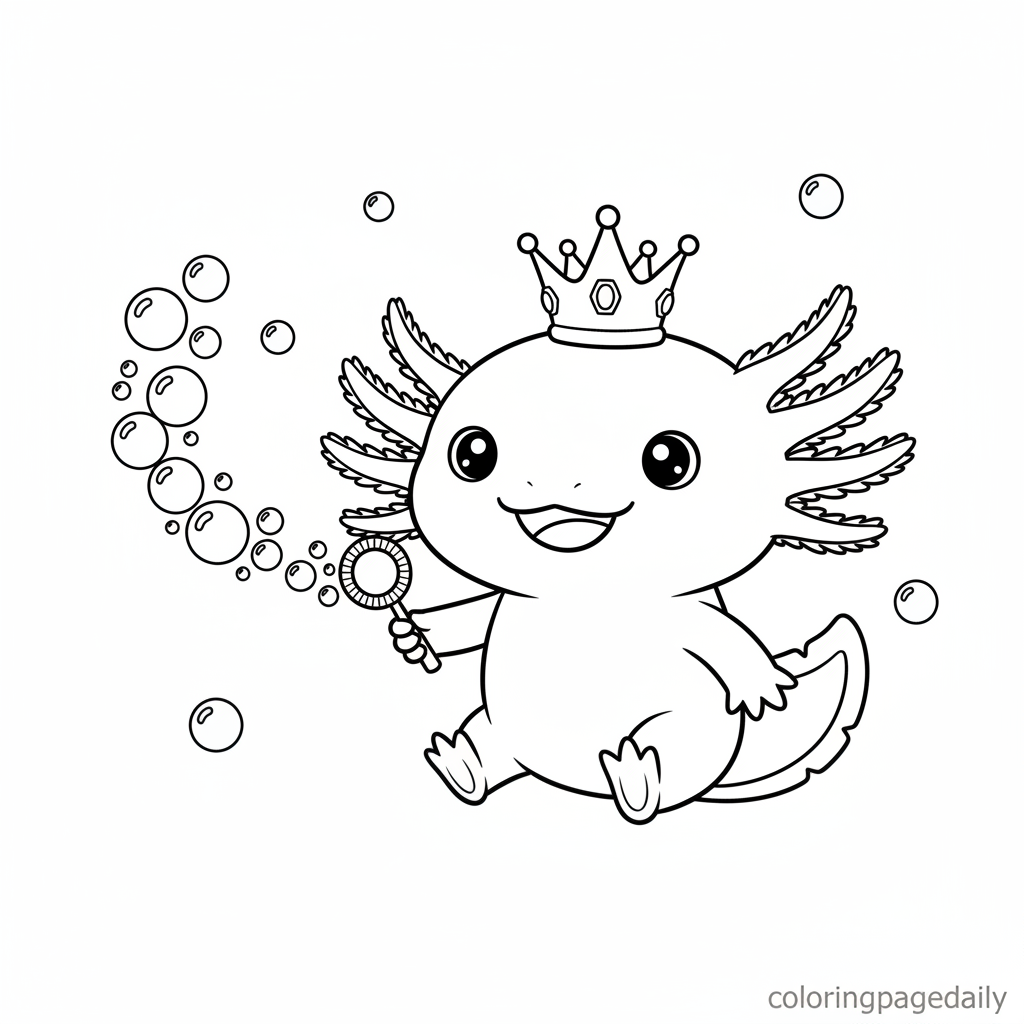 Axolotl Blowing Royal Bubbles - Black and white coloring page ready to print