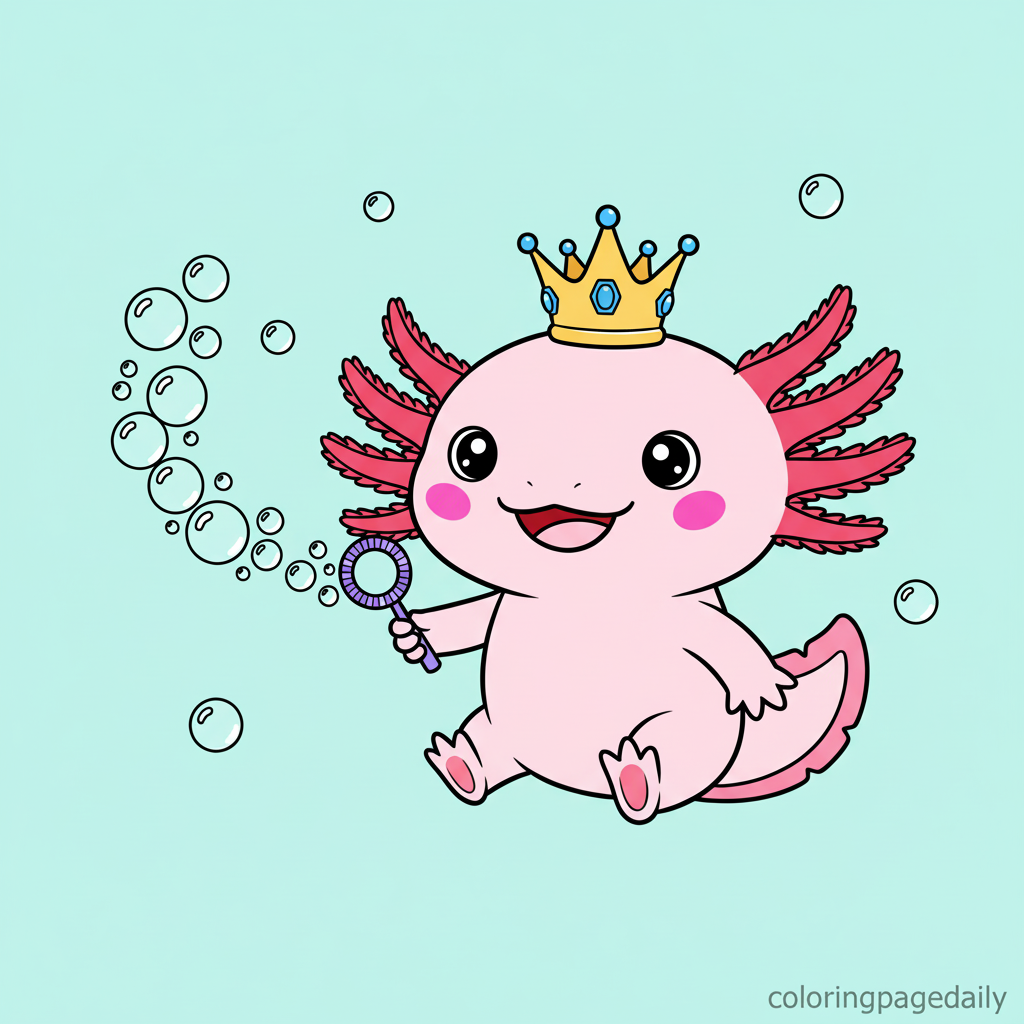 Axolotl Blowing Royal Bubbles - Colored reference example for this printable coloring page