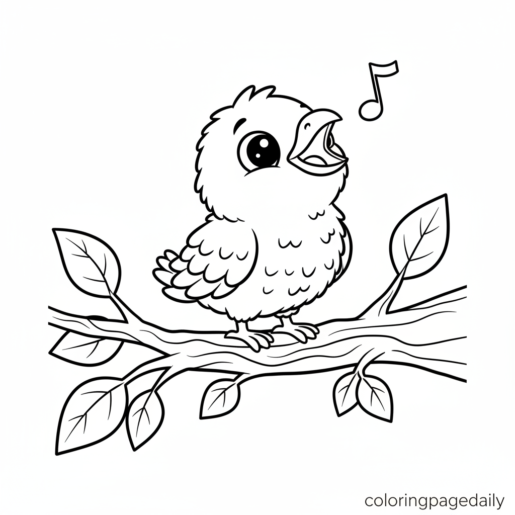 Phoenix Chick Sings a Song - Black and white coloring page ready to print